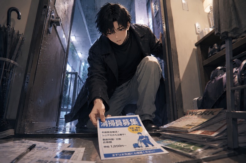 転職活動中の29歳男性が、雨の日のアパート玄関で「清掃員募集」のチラシを拾い上げる瞬間を描いたイラスト。濡れた廊下と暖色の室内光が対比され、看護師を辞めた男性が異業種転職のきっかけに出会う印象的なシーンになっている。