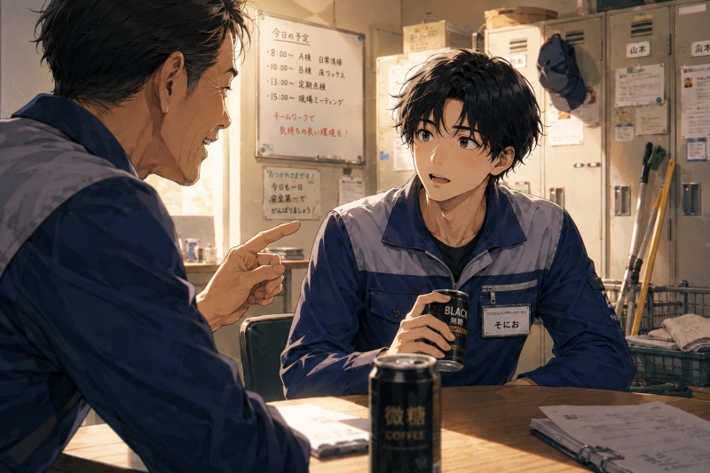 清掃会社の休憩室で、主任から期待の言葉をかけられ驚きながら笑顔を見せる29歳男性清掃員のイラスト。缶コーヒーを手にした主人公と年上の上司が向かい合い、温かい人間関係やアットホームな職場環境、転職後の安心感が伝わるシーン。
