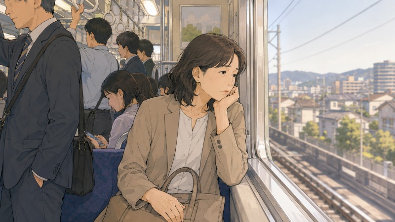 50代女性の事務職転職体験談をもとに、片道50分の長い通勤に疲れを感じ始めた40代後半以降の女性が、混雑した電車内で窓の外を見つめながら苦痛や不満を抱える様子を描いたイラスト。長時間通勤、事務職、50代女性の転職理由、ワークライフバランスの課題が伝わる場面。