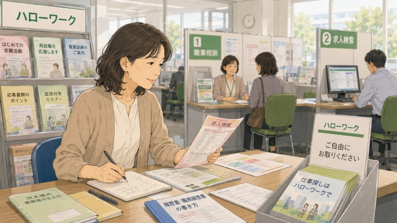 50代女性の事務職転職体験談をもとに、失業保険の給付開始後にハローワークで転職活動を始めた女性が、求人票を確認しながらノートに応募条件を書き込む様子を描いたイラスト。事務職への再就職、50代女性の転職活動、公共職業安定所での職業相談、失業保険受給中の仕事探しが伝わる場面。