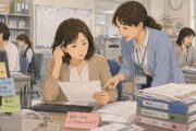 50代女性の事務職転職体験談をもとに、サービス業の新しい職場で電話応対や書類処理の手順を覚えきれず、机に広げた資料を前に戸惑う女性を描いたイラスト。若い同僚がそばで業務を教える様子から、50代の転職後に新しい仕事へ慣れる難しさ、事務職の再スタート、職場でのサポートが伝わる場面。