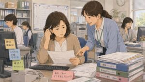 50代女性の事務職転職体験談をもとに、サービス業の新しい職場で電話応対や書類処理の手順を覚えきれず、机に広げた資料を前に戸惑う女性を描いたイラスト。若い同僚がそばで業務を教える様子から、50代の転職後に新しい仕事へ慣れる難しさ、事務職の再スタート、職場でのサポートが伝わる場面。