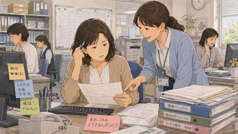 50代女性の事務職転職体験談をもとに、サービス業の新しい職場で電話応対や書類処理の手順を覚えきれず、机に広げた資料を前に戸惑う女性を描いたイラスト。若い同僚がそばで業務を教える様子から、50代の転職後に新しい仕事へ慣れる難しさ、事務職の再スタート、職場でのサポートが伝わる場面。
