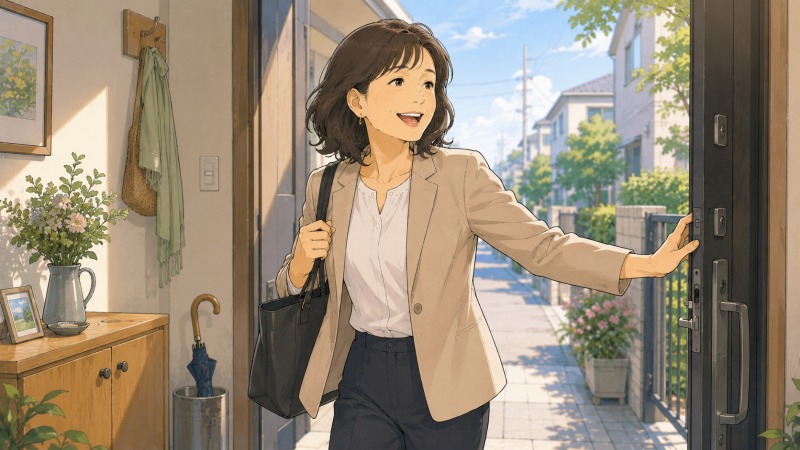 50代女性の事務職転職体験談をもとに、新しい業務にも前向きに取り組もうと決意した主人公が、朝の光が差し込む玄関から元気に出勤する様子を描いたイラスト。自宅近くの職場で働ける安心感、ワークライフバランスの改善、50代転職後の前向きな再スタートが伝わる場面。