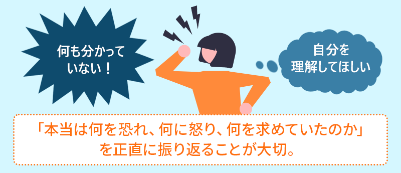 何も分かっていない！自分を理解してほしい。本当は何を恐れ、何に怒り、何を求めていたのかを正直に振り返ることが大切。