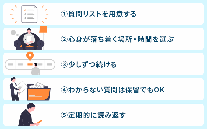 セルフインタビューの進め方：1.質問リストを用意する 2.心身が落ち着く場所・時間を選ぶ 3.少しずつ続ける 4.わからない質問は保留でもOK 5.定期的に読み返す