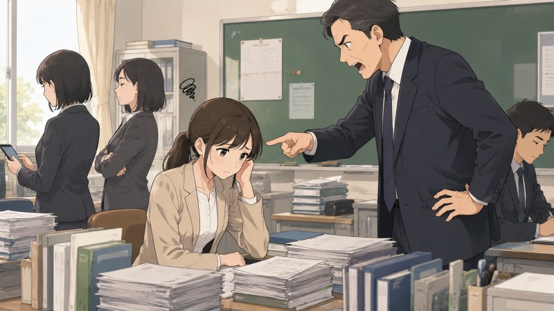 県立高校の職員室で、20代女性教員が大量の書類を抱え込み、上司から厳しく叱責されて疲弊している転職体験談のイラスト。若手に仕事が偏る職場環境、人間関係の悪さ、パワハラによるストレスが限界に近づく場面を表現。
