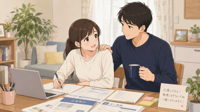 自宅のリビングで、転職活動中の20代女性が求人資料とノートを前に作業し、夫がそばで優しく励ましている転職体験談のイラスト。家族の支えと夫のサポートにより、不安を和らげながら教員転職に集中できた場面を表現。