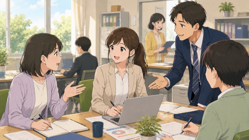 新しい私立高校の明るい職員室で、20代女性教員が同僚たちと笑顔で相談しながら働いている転職体験談のイラスト。前職とは異なる良好な人間関係と、気持ちよく働ける新しい職場環境を表現。