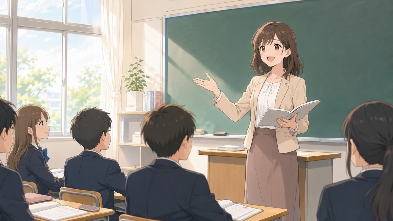 明るい高校の教室で、清楚な20代女性教員が教壇に立ち、生徒たちを前に自信をもって授業をしている転職体験談のイラスト。私立高校への転職後、良好な職場環境の中で前向きに教員として働く姿を表現。
