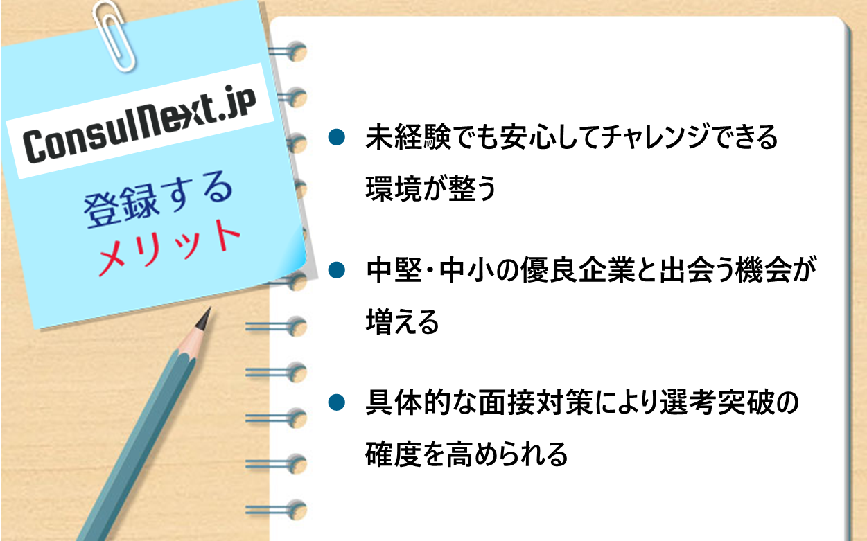 登録するメリット ● 未経験でも安心してチャレンジできる環境が整う ● 中堅・中小の優良企業と出会う機会が増える ● 具体的な面接対策により選考突破の確度を高められる
