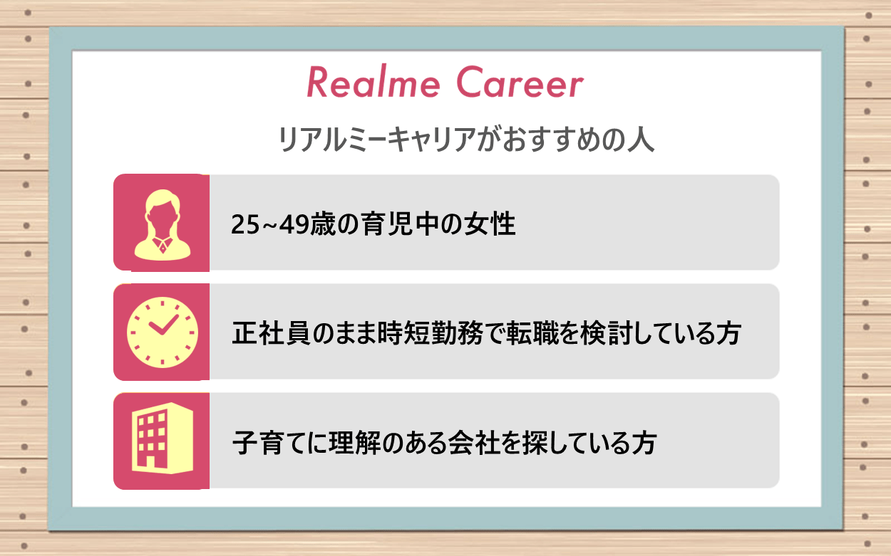 リアルミーキャリアがおすすめの人 ●25~49歳の育児中の女性 ●正社員のまま時短勤務で転職を検討している方