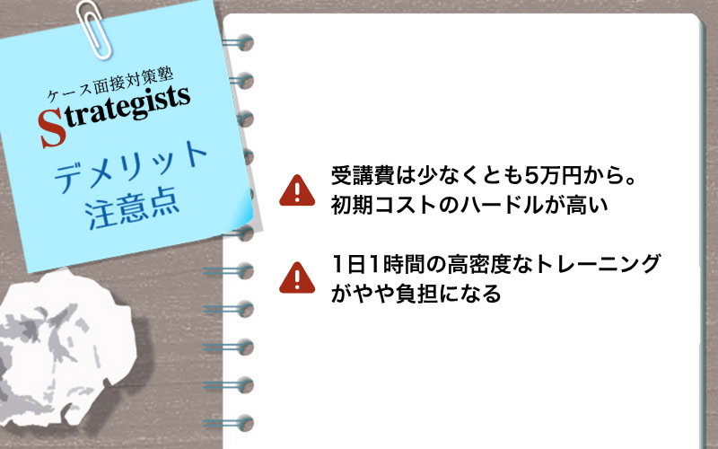 ケース面接対策塾 Strategists デメリット・注意点 ⚠ 受講費は少なくとも5万円から。初期コストのハードルが高い ⚠ 1日1時間の高密度なトレーニングがやや負担になる