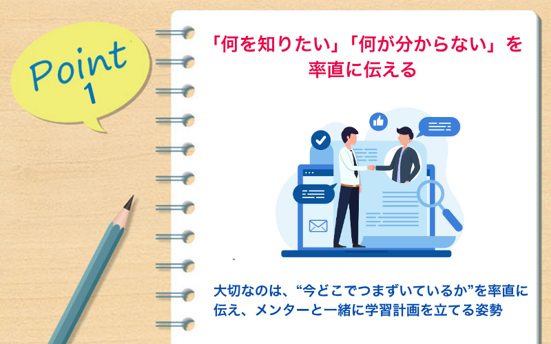 Point 1|「何を知りたい」「何が分からない」を率直に伝える→ 大切なのは、“今どこでつまずいているか”を率直に伝え、メンターと一緒に学習計画を立てる姿勢
