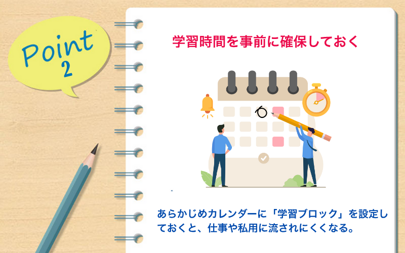 Point 2|学習時間を事前に確保しておく→ あらかじめカレンダーに「学習ブロック」を設定しておくと、仕事や私用に流されにくくなる