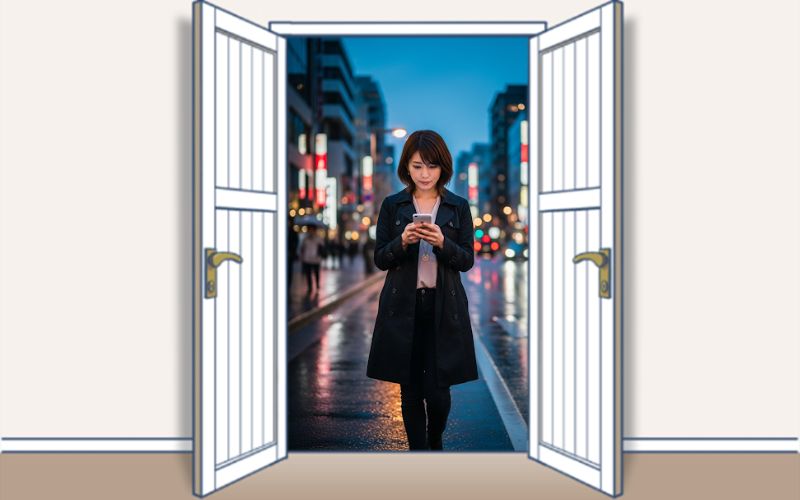 夕暮れの都会の通りを歩く29歳の女性。スマートフォンを見つめる表情は迷いと決意が入り混じっており、転職への不安と期待が表現されている。フォトリアルなイラスト。