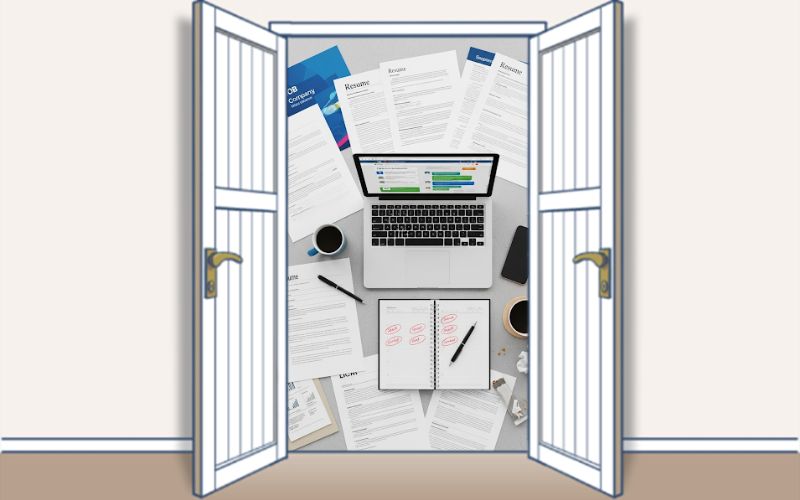 書類や企業のパンフレット、開かれたノートPCが散らばったデスクを真上から捉えた構図。転職活動中の焦りや試行錯誤が伝わる、人物のいないフォトリアルなイラスト。