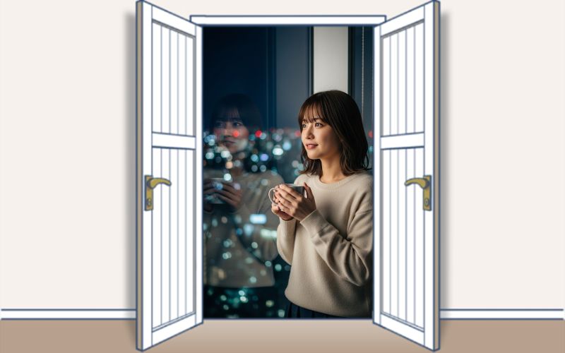 夜景が見えるオフィスビルの窓辺に立ち、温かいマグカップを両手で持っている29歳の女性。窓ガラスには彼女の姿がうっすらと反射しており、過去を振り返りながら未来に思いを馳せる内面が表現されたフォトリアルなイラスト。