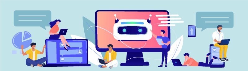 グラフや会話ウィンドウが表示される中、AIとともに働く人々のイラスト
