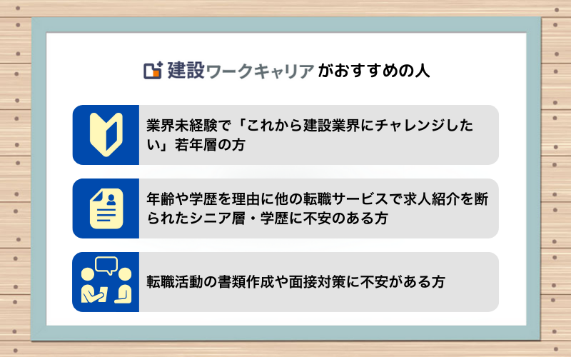 建設ワークキャリアがおすすめの人|業界未経験で「これから建設業界にチャレンジしたい」若年層の方|年齢や学歴を理由に他の転職サービスで求人紹介を断られたシニア層・学歴に不安のある方|転職活動の書類作成や面接対策に不安がある方