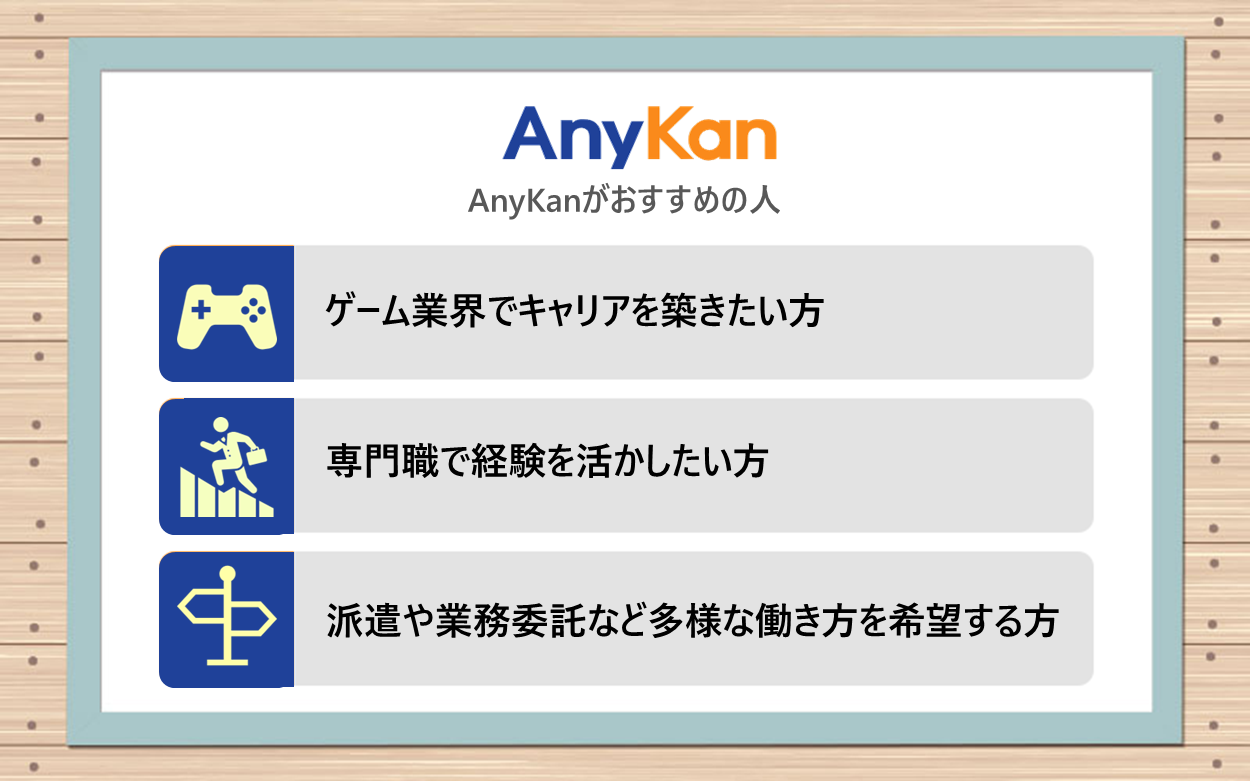 AnyKanがおすすめの人 ・ゲーム業界でキャリアを築きたい方 ・専門職で経験を活かしたい方 ・派遣や業務委託など多様な働き方を希望する方