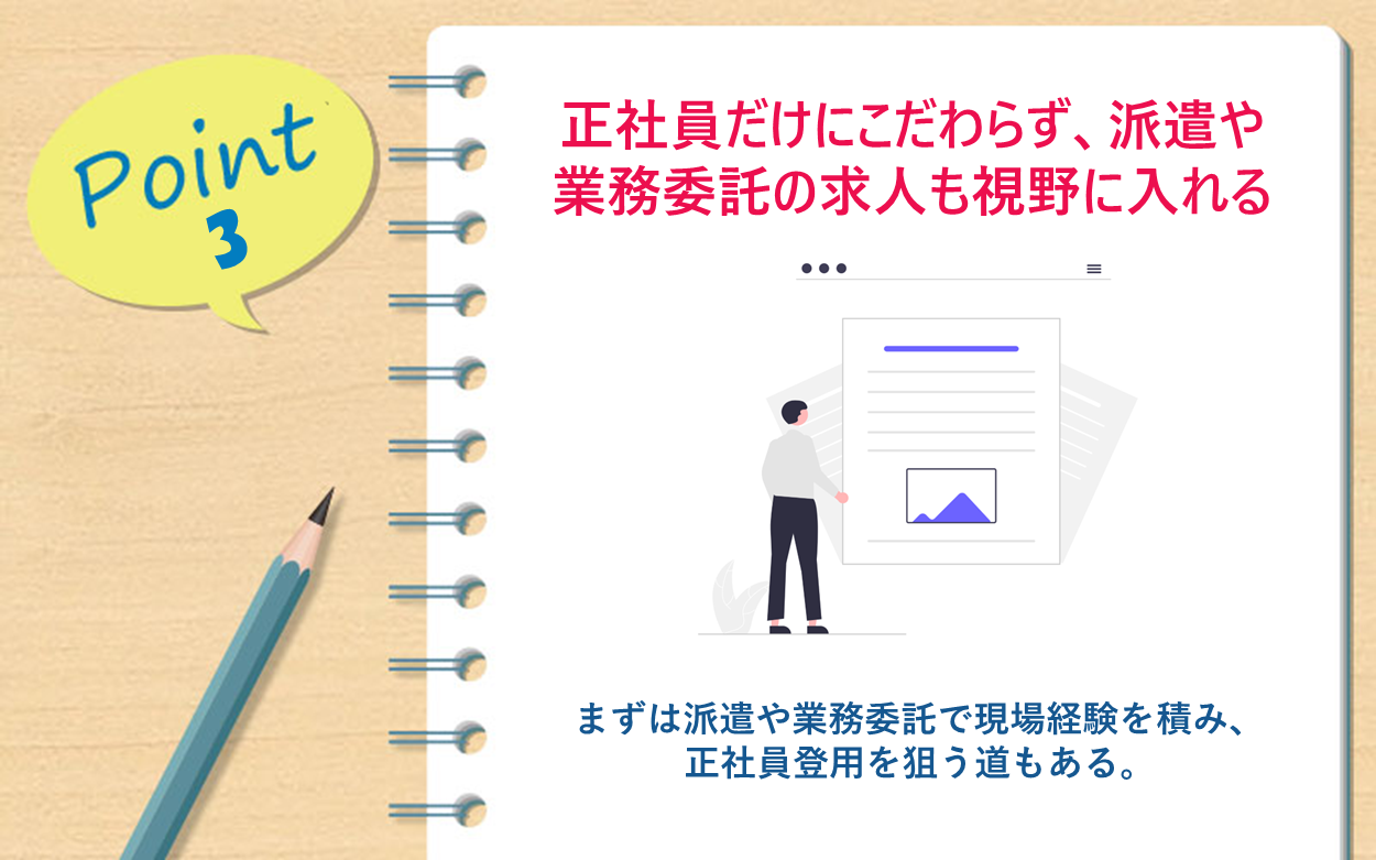 Point3 正社員だけにこだわらず、派遣や業務委託の求人も視野に入れる まずは派遣や業務委託で現場経験を積み、正社員登用を狙う道もある。
