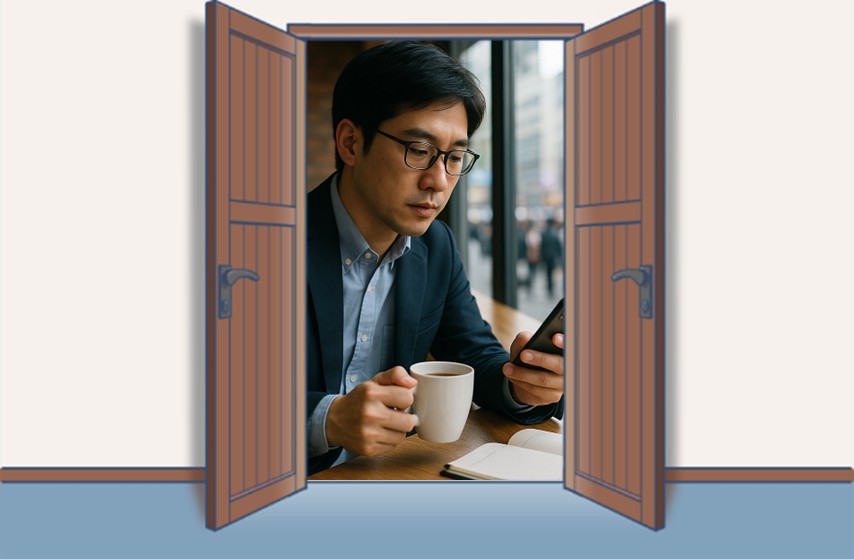 喫茶店で転職サイトを眺める30代男性