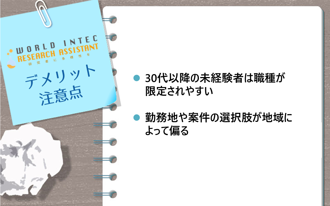 デメリット 注意点 30代以降の未経験者は職種が限定されやすい 勤務地や案件の選択肢が地域によって偏る