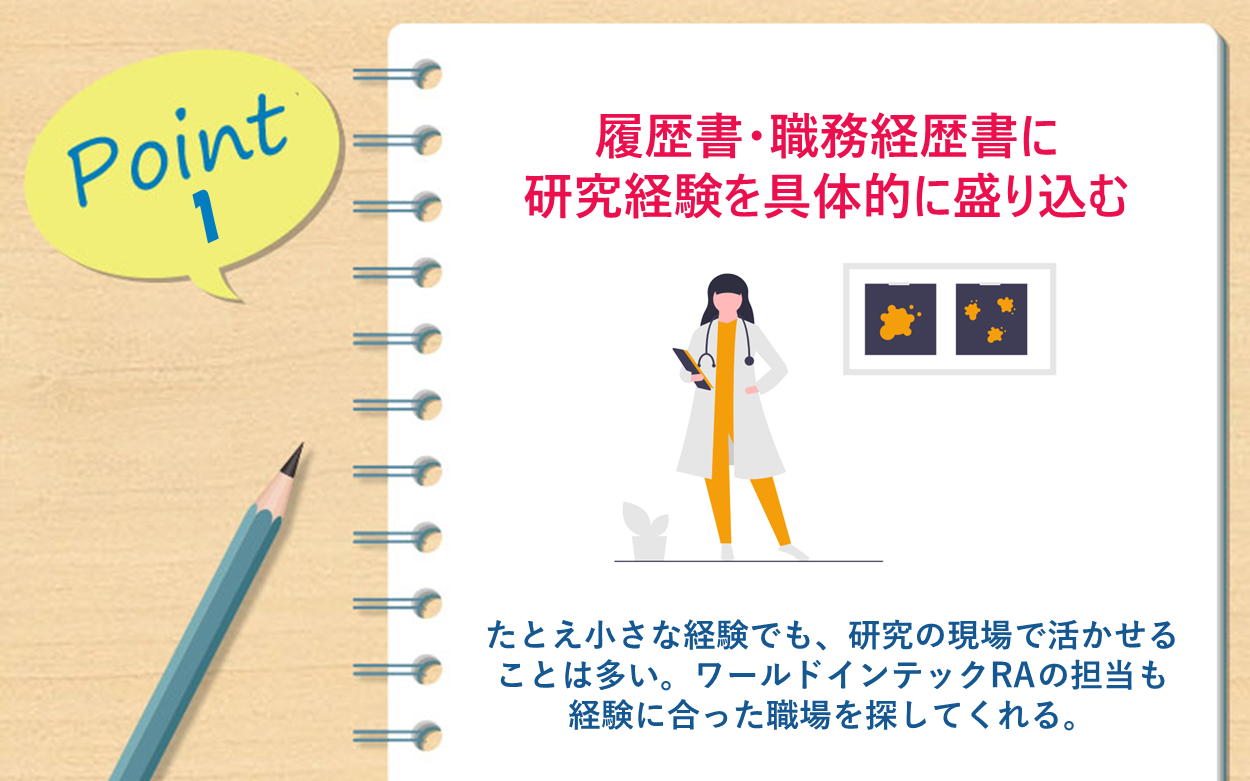 Point1 履歴書・職務経歴書に研究経験を具体的に盛り込む たとえ小さな経験でも、研究の現場で活かせることは多い。ワールドインテックRAの担当も経験に合った職場を探してくれる。