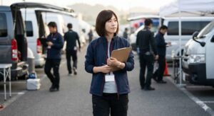 クリップボードを持った女性レーシングチームマネージャーが、レース会場のパドックで周囲を確認しながらスケジュール管理をしている様子。