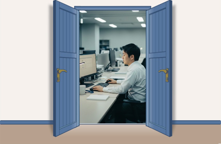 青い両開きの扉の向こうで、オフィスのデスクに座った男性がPCに向かって作業している様子