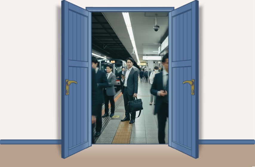 青い両開きの扉の向こうに広がる駅のホームで、通勤客の流れの中に立つスーツ姿の男性の様子