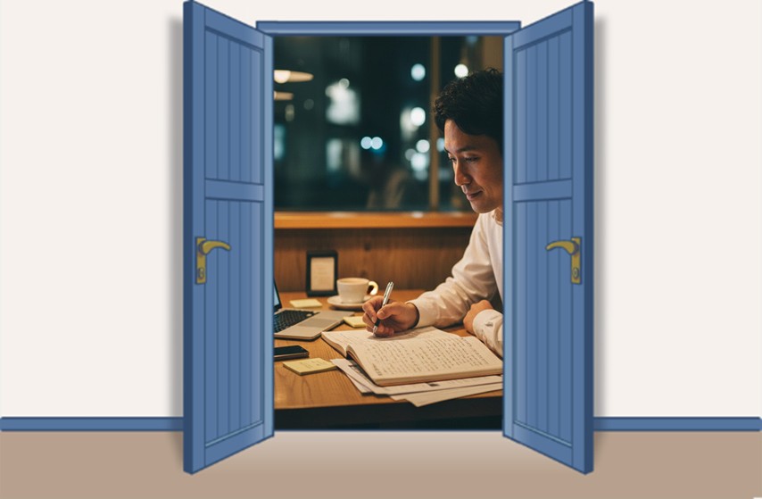 青い両開きの扉の向こうで、夜のカフェのテーブルに広げたノートに男性がペンで書き込んでいる様子