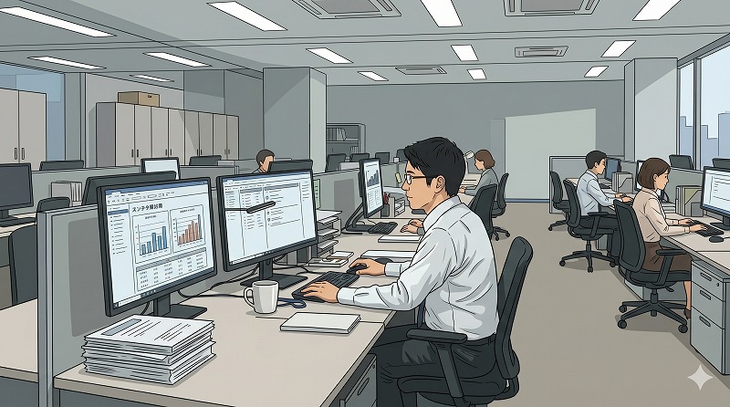 青い両開きの扉の向こうで、オフィスのデスクに座った男性がPCに向かって作業している様子