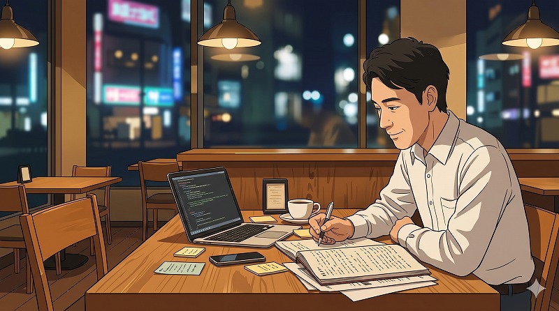 青い両開きの扉の向こうで、夜のカフェのテーブルに広げたノートに男性がペンで書き込んでいる様子