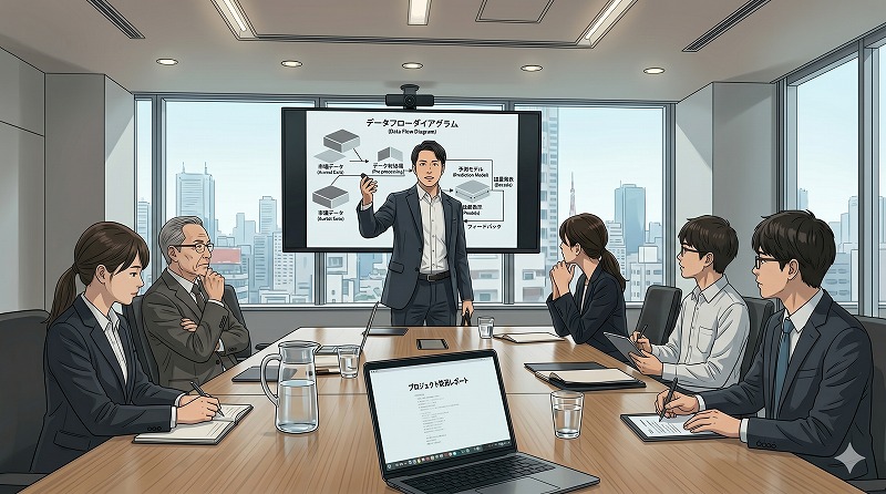 青い両開きの扉の向こうの会議室で、前に立った男性が資料を示しながら説明し、周囲のメンバーが聞いている様子